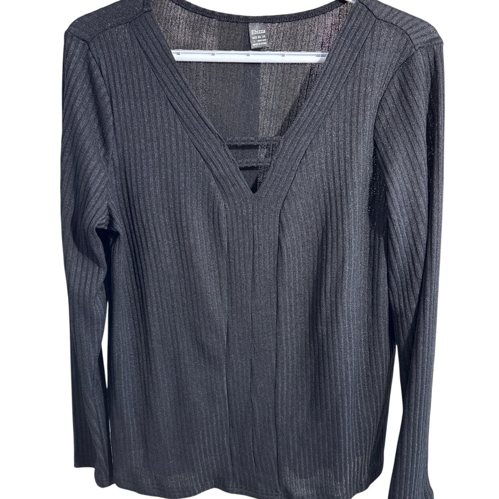 Ebizza Womens Ribbed V-Neck Long Sleeve Top Black Strappy Detail Size L 8/10